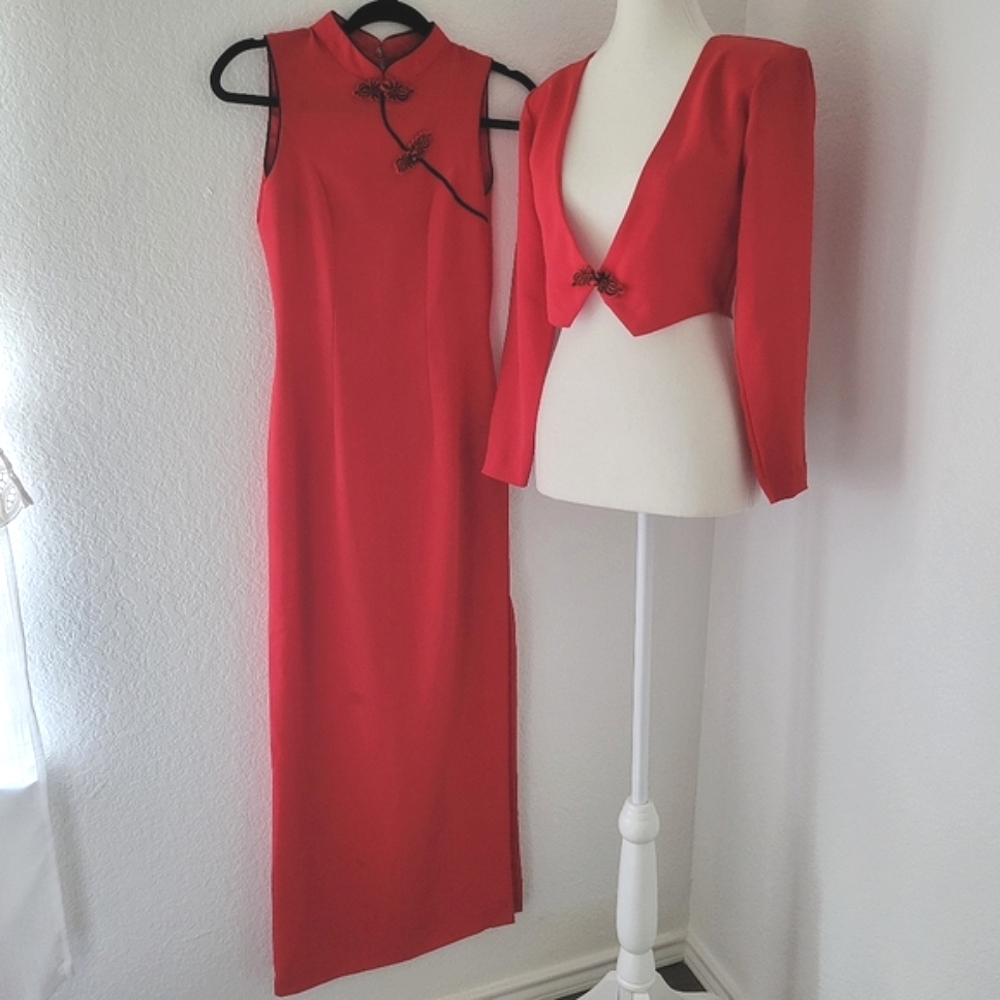 Vintage 90s Y2K Handmade Cheongsam Dress And Cropped Jacket Asian Style XS